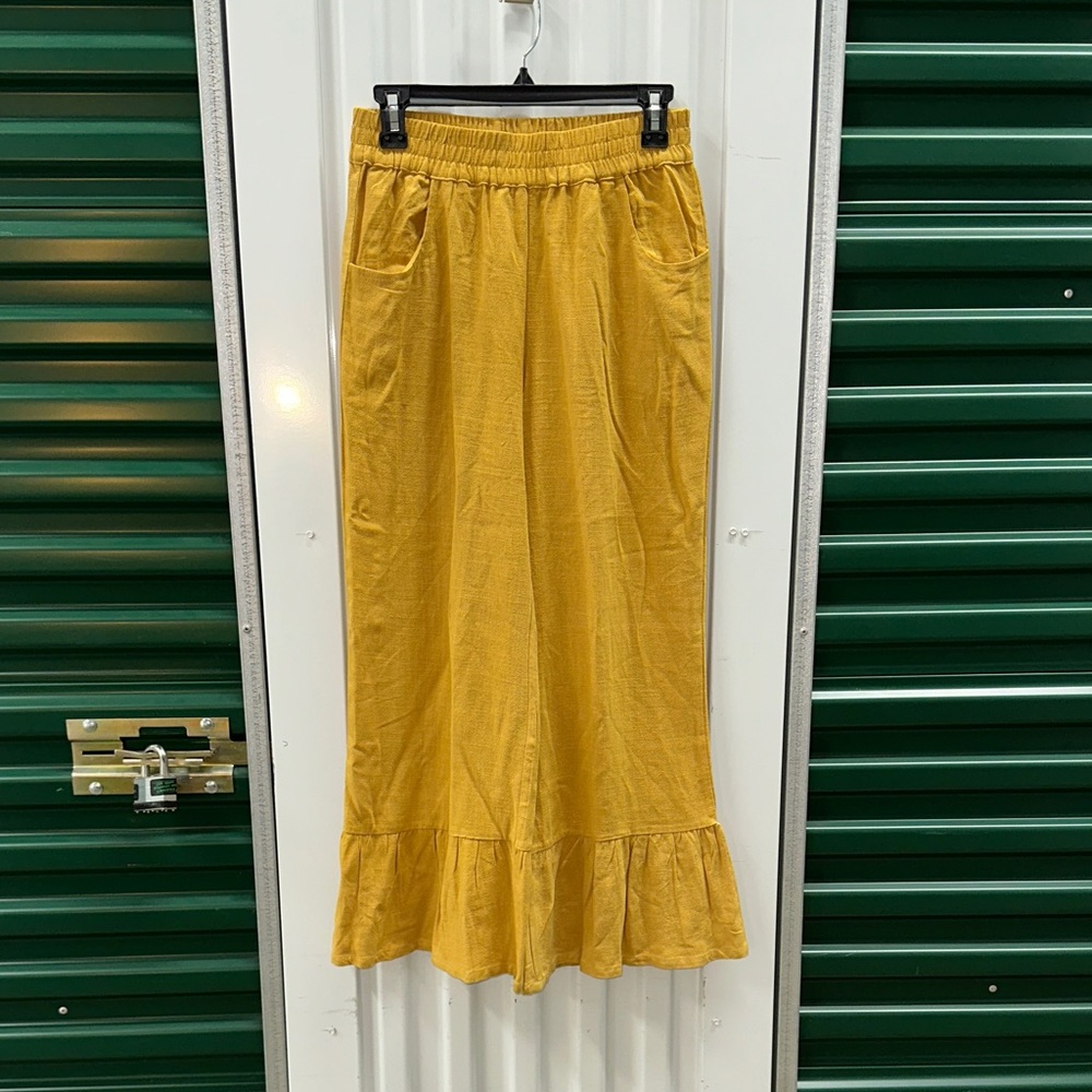 Umgee Golden Wide-Leg Pants with Ruffle Hem